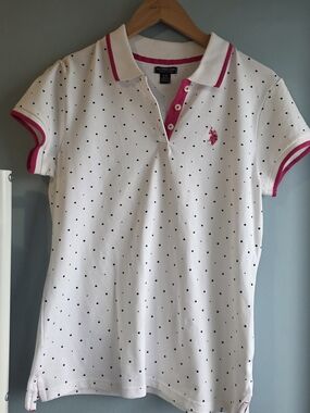 U.S. Polo Assn. White Polo Shirt with Pink Trim and Black Polka Dots